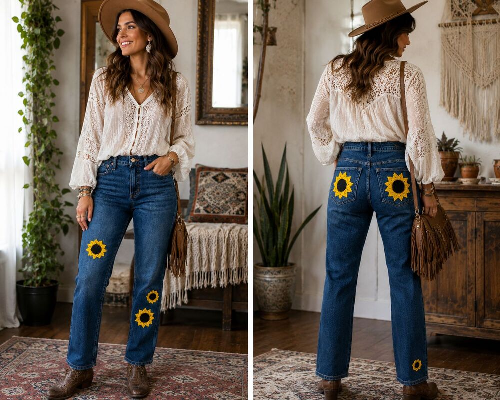 Re-imagined J. Crew Women Jeans Sz 27 Vintage Slim Straight Blue 9" Sunflowers
